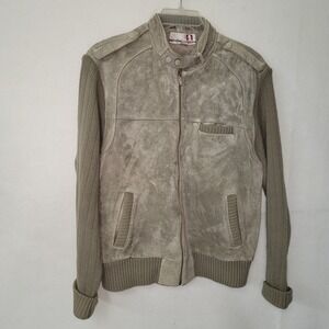 Classic Directions Men Suede Knit Bomber Jacket XL Olive Beige Distressed Zip Up